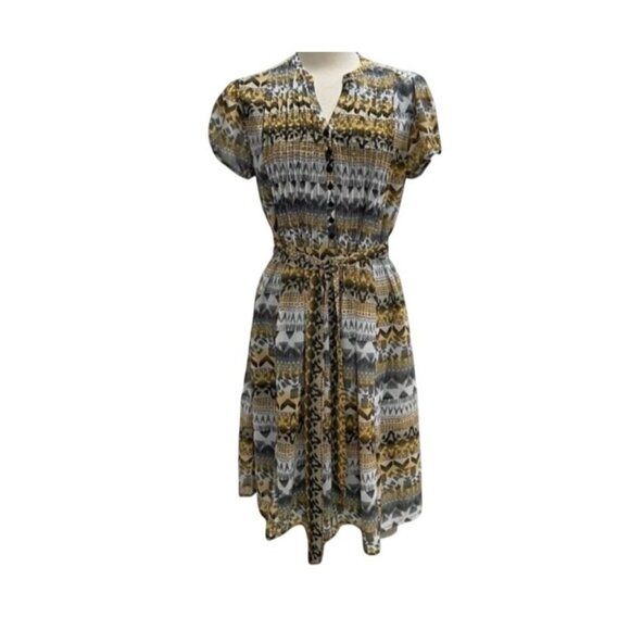 Robert Louis Womens Mustard & Ivory Geometric Print Button-Front Midi Dress With - Picture 2 of 9